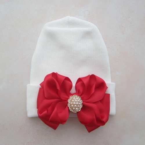 Newborn Hospital Hat: White Stripes with Red Satin Boutique Bow with Pearl Center