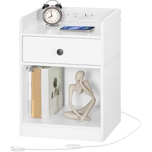 HOOBRO Nightstand with Charging Station, End Table with Drawer and Opening Shelf, Bedside Table with USB Ports and Outlets, Small Night Stand for Bedroom, Simple Style, White WT18UBZ01