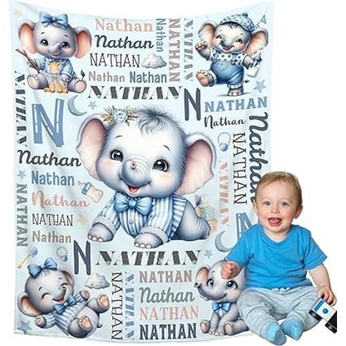 Personalized Blue Elephant Custom Baby Blanket with Name,Customized Elephant Throw Blanket,Soft Cozy Personalized Baby Gifts Throw for Boys Newborn Nursery Stroller Crib Decor Christmas Birthday Gift