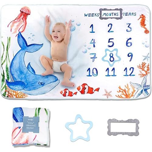 Baby Milestone Blanket| Original Design Baby Monthly Milestone Blanket Boy Girl|Baby Photography Props Blanket| 60'x40' Ocean World