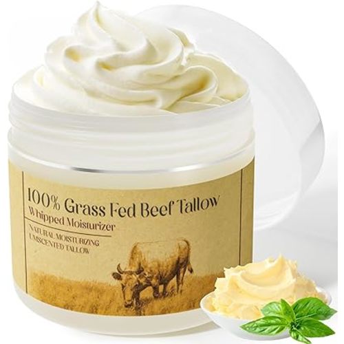 Beef Tallow for Skin, Tallow Face Moisturizer, Beef Tallow Moisturizer, Unscented Grass Fed Finished Whipped Tallow Face Cream Moisturizer Balm, Beef Tallow Skin Care for All Skin, 50g