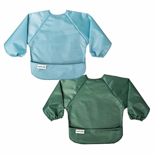 Tiny Twinkle Long Sleeve Bib for Babies & Toddlers | 2-Pack Waterproof Smock Bib for Eating | Machine Washable & Mess-Proof Feeding Essentials | Newborn Shower Gift (Slate Olive,6–24M)