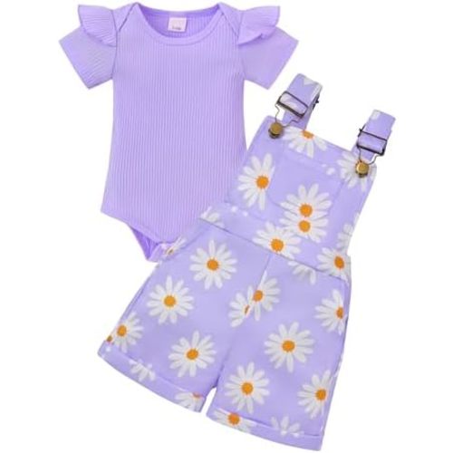 Baby Girl Clothes Summer Cute Outfit Ruffle Short Sleeve Bodysuit Daisy Print Overalls 2pcs Set