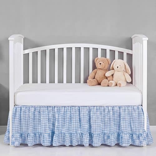 Chicplaid Gingham Crib Skirt Dust Ruffle 52 x 28 Inch 100% Washed Cotton Ruffle Plaid Baby Crib Bed Skirt Soft Farmhouse for Boys & Girls Nursery Bedding Decor, Fits Standard Cribs(Blue)