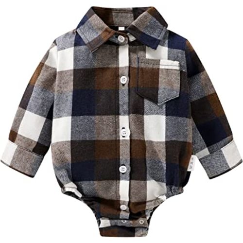 HAPPYMA Newborn Baby Boy Girls Plaid Outfit Flannel Romper Tops Infant Long Sleeve Button Down Plaid Casual Bodysuit Clothes