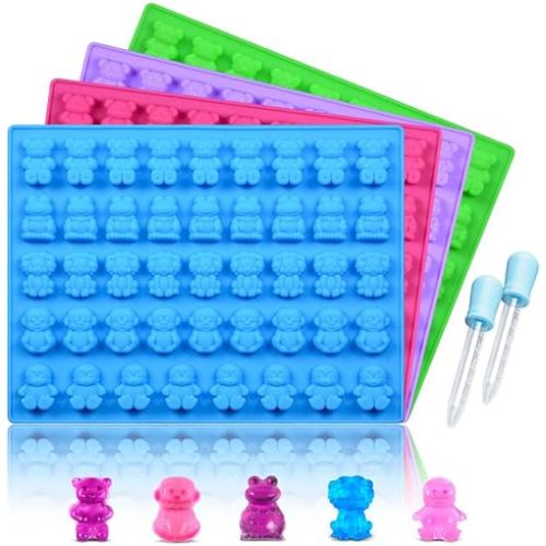 Silicone Candy Gummy Bear Molds - Chocolate Molds Including Bears, Frogs, Lions, Monkeys, Penguins Gummie Molds Premium Silicone, Pack of 4 with 2 Droppers