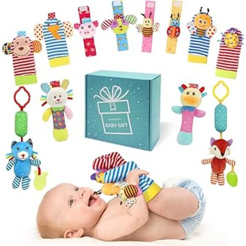 Baby Hanging Rattle, Wrist Rattles Foot Finder Rattle Sock, Hand and Feet Rattle Toy, Newborn Present Baby Shower Birthday Gift Set for0 3 6 9 12 24 to 36 Months Babies(12 E)