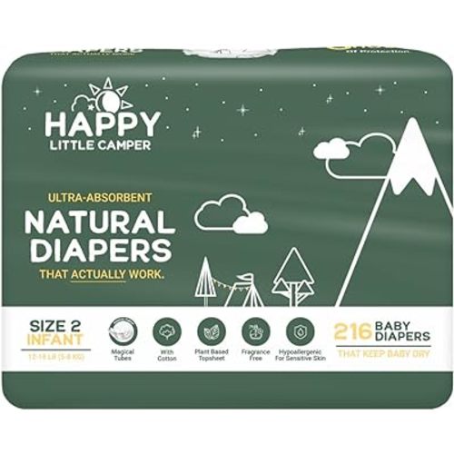 Happy Little Camper Ultra-Absorbent Natural Baby Diapers Size 2 - Hypoallergenic & Chlorine-Free Disposable Diapers Safe for Sensitive Skin - Unscented Infant Diapers - 216 Count