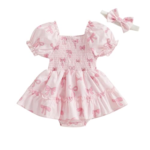 Baby Girl Outfit Short Sleeve Square Neck Smocked Bow Print Bubble Romper Dress Infant Newborn Girls Clothes Spring Summer