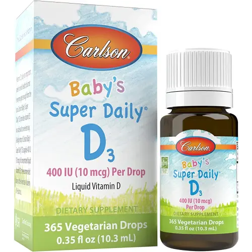 Carlson - Baby's Super Daily D3, Baby Vitamin D Drops, 400 IU (10 mcg) per Drop, 1-Year Supply, Vegetarian, Liquid Vitamin D Drops for Infants and Toddlers, Unflavored, 365 Drops