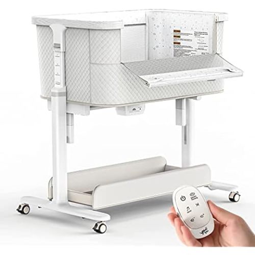 KoolerThings Baby Bassinet, Bedside Sleeper for Baby, Easy Folding Portable Crib with Storage Basket for Newborn, Bedside Bassinet, Comfy Mattress/Travel Bag Included (White and Gold)