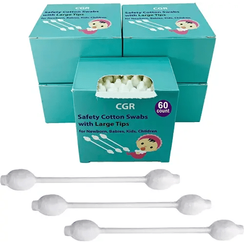 300pcs CGR Baby Safety Cotton Swabs with Large Tips for Newborn, Babies, Kids, Children, 100% Organic Cotton, White Paper Sticks, 5 Pack of 60 Swabs Total(5 Paper Boxes)