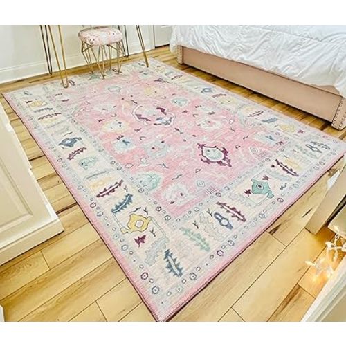 Modern Oushak Rug, Vintage Turkish Pink Oriental Antique Inspired Area Rugs, Washable Luxury Living Room Bedroom Bathroom Kitchen 4'9 x 6'9