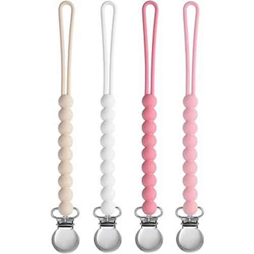 Pacifier Clip for Boys Girls - MORIBOX 4 Pack Paci Clip Soothie Baby Binky Holder for Shower Gift Birthday (Beige+White+Pink+Dpink)
