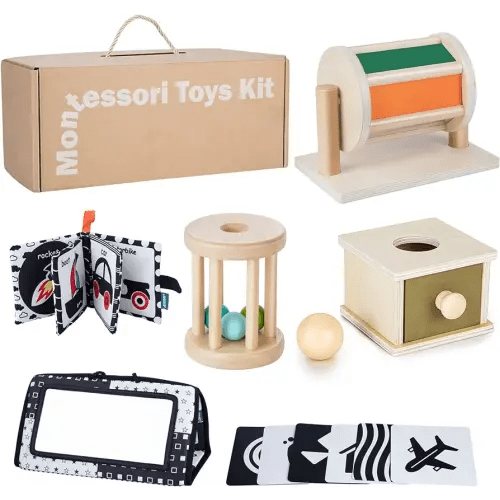 Early Learning Toy for 0-6 Months, Montessori Baby Toys 6 in 1 Learning Educational Set - Object Permanence Box, Baby Roller, Spinning Drum, Black and White High Contrast Baby Toys, Tummy Time Mirror