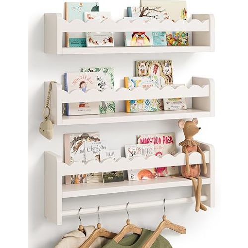 Nursery Book Shelves, Scalloped Shelves, Floating Book Shelves for Wall, Nursery Deocr for Baby, Toddler (White, 16.5 Inches)