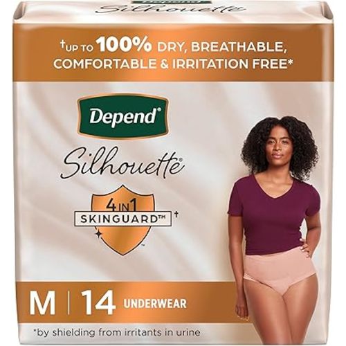 Depend Silhouette Adult Incontinence & Postpartum Bladder Leak Underwear for Women, Maximum Absorbency, Medium, Pink, 14 Count, Packaging May Vary