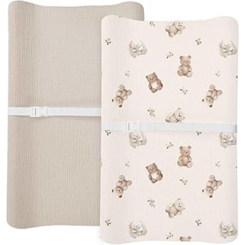 Changing Pad Cover for Baby Boy Girl 2 Pack, Muslin Changing Table Pad Covers with Boho Style, Neutral Nursery Bedding Essentials Soft and Breathable (Teddy & Friends)