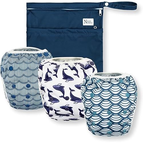 Reusable Swim Diapers and Wet Bag - One Size Fully Adjustable - Big Splash Unisex 3 Pack with Wet Bag by Nora's Nursery
