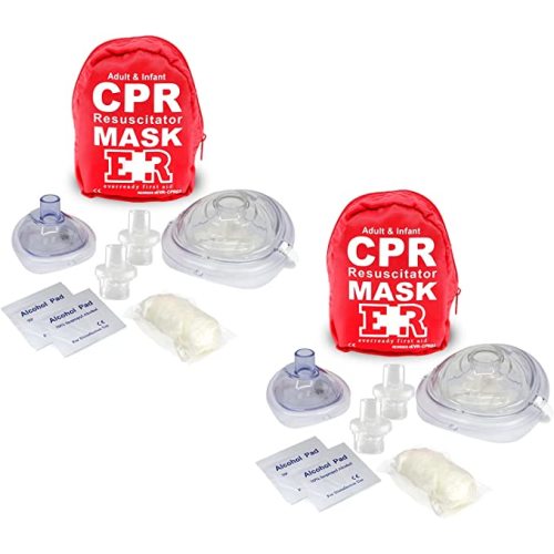 Ever Ready First Aid Adult and Infant CPR Mask Combo Kit with 2 Valves with Pair of Vinyl Gloves & 2 Alcohol Prep Pads - Red (2)