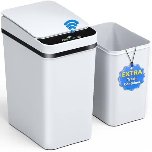 LMQML Bathroom Trash Can, 4 Gallon Automatic Motion Sensor Touchless Garbage Can; with Extra Trash Container, Waterproof Trash Bin with Lid, Smart Electric Trash Can for Kitchen, Office, Bedroom-White