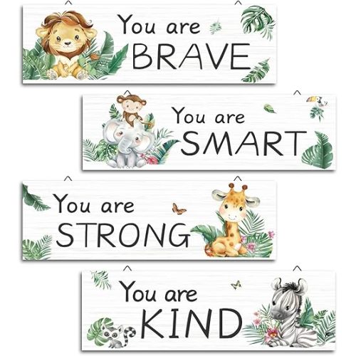 decalmile 4 Pieces Jungle Animal Wooden Hanging Signs Safari Wood Wall Decor Baby Nursery Kids Bedroom Daycare Wall Art Decor