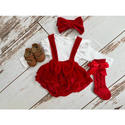Baby girl Christmas outfit | Newborn Christmas outfit girl | Infant Christmas outfit | Red velvet suspenders bloomers outfit for Christmas