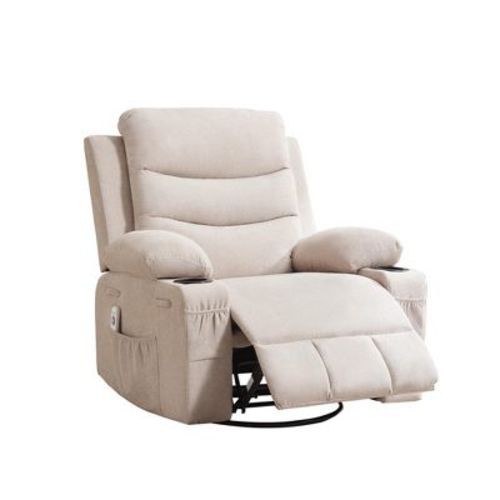 Jojoka 360° Swivel Rocker Recliner Sofa, Upholstered Fabric Glider with Massage & Heat, Side Pockets & Cup Holders, for Small Spaces