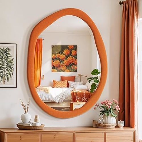 Irregular Asymmetrical Wall Mirror, 32" x 24" Flannel Wrapped Wooden Frame Frame Mirror for Living Room Bathroom Entryway, Hanging or Leaning Against Wall(Orange)