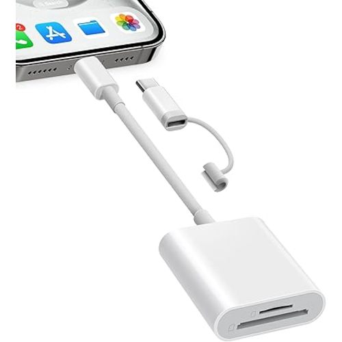 SD Card Reader for iPhone iPad, Dual Connector (Lightening&USB-C) Micro SD Memory Card Reader, 2 in 1 SD and TF Card Adapter Portable Trail Camera Viewer, No Driver Needed, Plug and Play