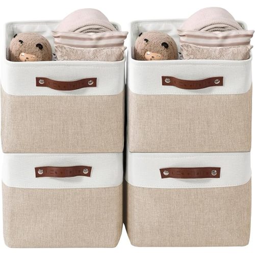 DECOMOMO Storage Bins Fabric Storage Baskets for Shelves, Linen Closet Organization Toys Nursery (Beige and White, Large - 4 Pack)
