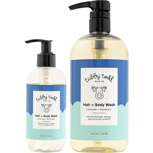 TUBBY TODD Hair + Body Wash - Baby Shampoo and Body Wash - Gentle, Natural Baby Was for Newborns, Babies, and Toddlers - Non-Toxic and Hypoallergenic - Lavender Rosemary, 2 Pack, 8.5oz & 25oz