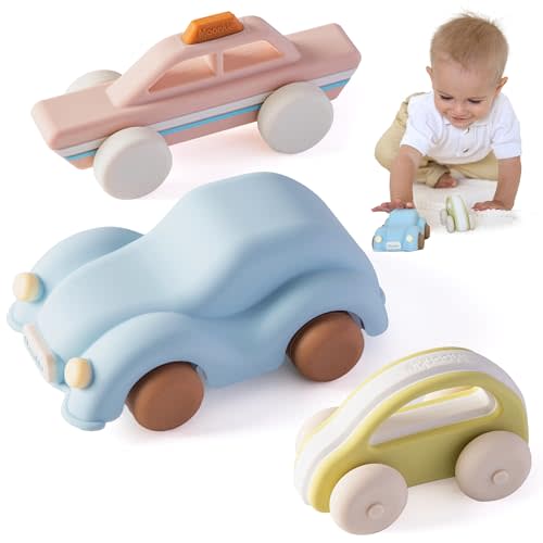 Moonkie Food Grade Silicone Toy Cars for Babies & Toddlers, Push and Go Baby Car Toys 6–12 Months, Hollow Design Infant Toys, Baby Teething Toys 4–6 Months, Birthday Gifts for Boys & Girls, 3 Pack