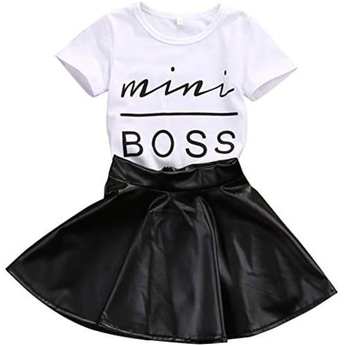 Toddler Baby Little Girls Fashion Clothes Mini Boss Shirt Tops&Leather Skirt 2Pcs Clothing Outfits Set