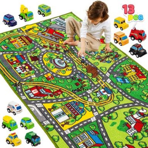 Joyfy Kids Car Play Rug for Playroom, Community - Themed Pretend Play Mat with 12 Pull-Back Vehicle Set, Indoor Fun And Birthday Gift for Kids 1 2 3 +