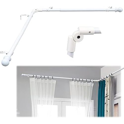 White Steel Corner Curtain Rod, 30-136 Inch, Adjustable, Wall Mounted, Glossy Smooth Finish