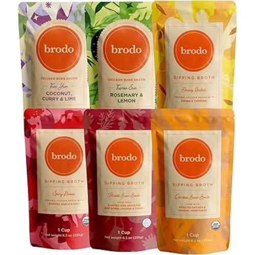 Brodo Broth Variety Pack | 1 Chicken, 1 Hearth, 1 Deeply Rooted, 1 Spicy Nonna, 1 Tom Yum, 1 Tuscan Sun Single Serving Pouches | Not Made From Concentrate, No Preservatives (6x 8oz. Pouches)