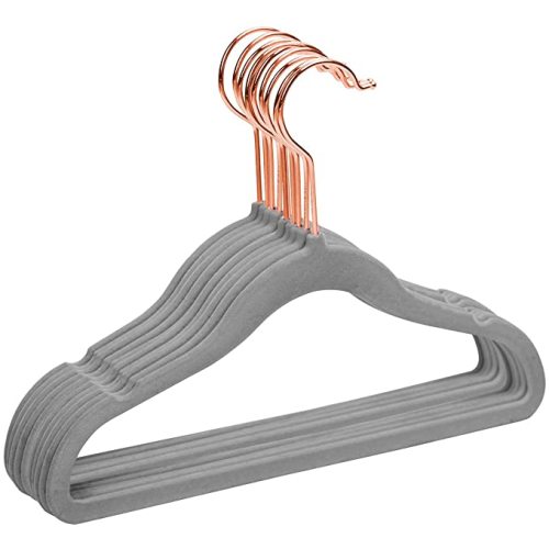 MIZGI Premium Kids Velvet Hangers (Pack of 50) with Copper/Rose Gold Hooks,Space Saving Ultra Thin,Non Slip Baby Hangers for Children's Skirt Dress Pants,Clothes Hangers(Gray)