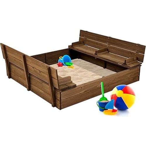 Best Choice Products Large Outdoor Wooden Sand Box for Kids, Sandbox with Cover, Bench Seats Support up to 220 lbs, Bottom Liner for Drainage, Cedar Wood - Walnut