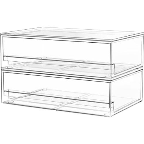 【𝟮𝗣𝗖𝗦】A-LUGEI Acrylic Stackable Storage Drawers, 11.8"W Makeup Organizer, Bathroom Organizer and Storage, Plastic Storage Bins for Kitchen Cabinet Pantry Medicine Fridge