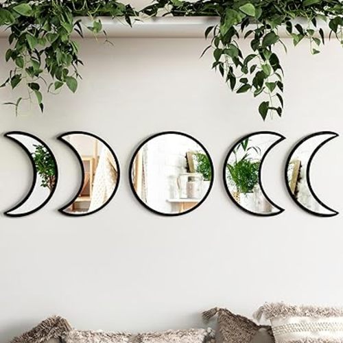 5-Piece Scandinavian Boho Moon Phase Mirror Set - Black Moon Wall Mirror Decor for Bedroom, Living Room, and Home - Bohemian Wall Art for Modern and Rustic Interiors