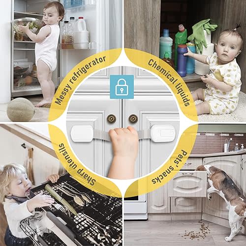 4our Kiddies 14 Pack Baby Proof Cabinet Latches, Childproof Drawer Latches with 12 Extra 3M Adhesives, Adjustable No Drilling Child Safety Cabinet Locks Straps Baby Drawer Locks for Kids Baby Safety