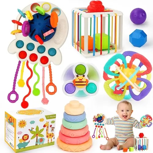  4 in 1 Baby Toys 6to12-18 Months, Pull String Baby Teething Toys,  Stacking Building Blocks Infant Toys 3-6-9-12 M+, Color Shape Bin Sensory  Toys, Montessori Toys for 1-3 Year Old Boy