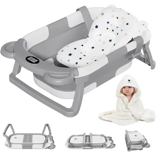 MoreFeel Collapsible Baby Bathtub for Newborn with Thermometer & 1 Hooded Towel & 1 Soft Floating Cushion,Portable Travel Bathtub with Drain Hole, Durable Foldable Baby Tubs for Infants to Toddler