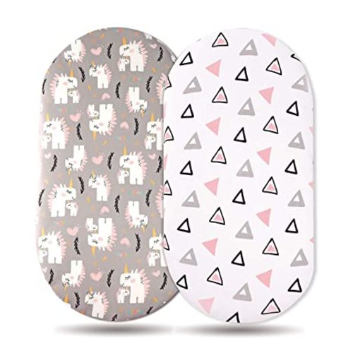 GRSSDER Stretchy Ultra Soft Fitted Bassinet Sheet Set 2 Pack, Universal Fit for Bassinets Baby Cradle Moses Basket Oval Rectangle Pad/Mattress, Dream Unicorn Bassinet Sheets for Babys and Girls - Pink
