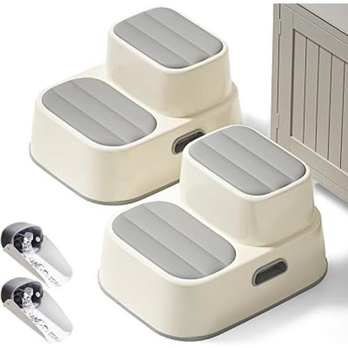 2 Pack Toddler Step Stool for Bathroom Sink, Upgrade Non-Silp Potty Stool for Kids with Enlarged Stepping Area, Kids Two Step Stool for Bathroom, Kitchen Helper, Potty Training Stools - Gray