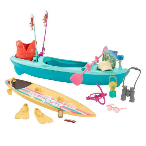 Barbie World Kayak & Surf Playset with 17 Camping Accessories Including Kayak Boat, Surfboard & More, Multicolor, 12.17 in