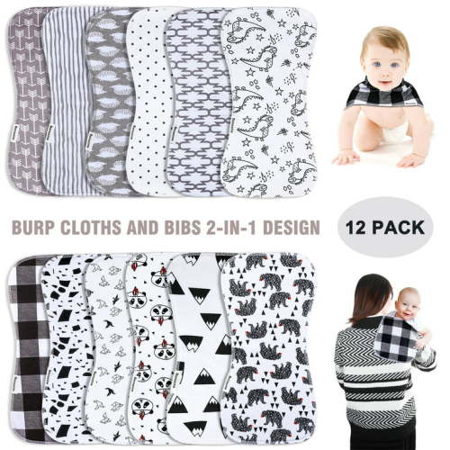 Burp Cloths & Baby Bibs 2-In-1 Large Size 3 Layers Thicken 100% Cotton Super Soft Absorbent for Teething and Drooling Baby Spit Up Burping Rags Set for Boys and Girls Infant Newborn 12-Pack