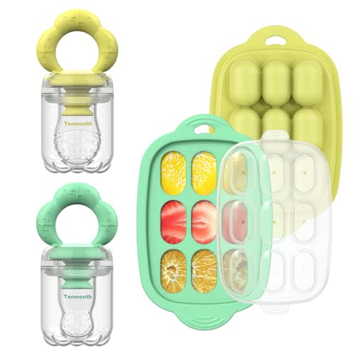 Baby Fruit Food Feeder Breastmilk Popsicle Molds with Freezer Tray, Tenmonth Silicone Baby Feeder for Safe Infant Self Feeding and Teething Relief 2 Pack, BPA Free