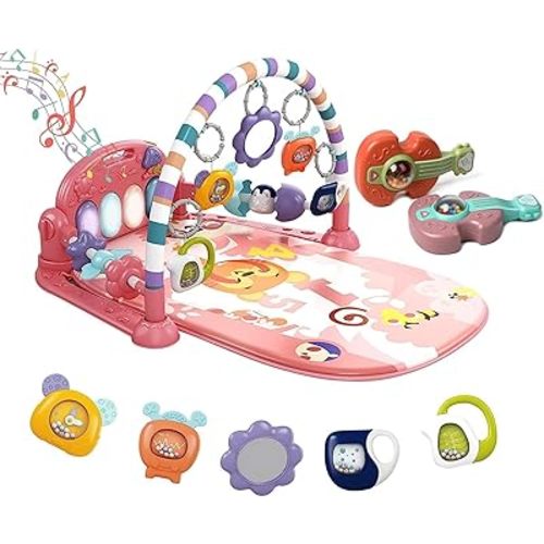 dearlomum Baby Play Mat Gym,Funny Play Piano Tummy Time Baby Activity Mat with 5 Infant Sensory Toys & 2 Guitar Rattles, Boy & Girl Gifts for Newborn 0 to 3 6 9 12 Months(Pink)